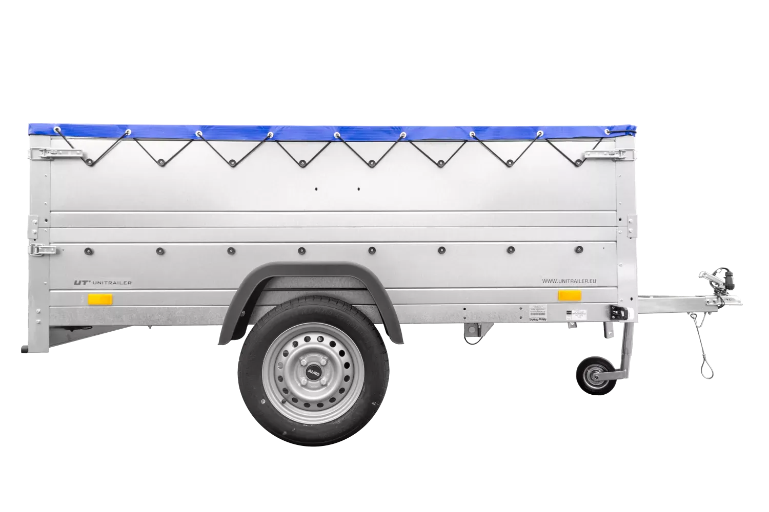 Anhänger mit faltbarer Deichsel Garden Trailer 230 KIPP mit zusätzlichen Bordwänden, Stützrad und blauer Flachplane-Neu – Image 6