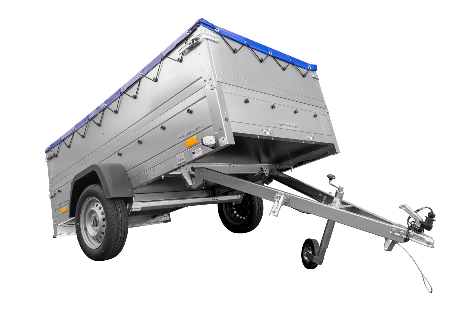 Anhänger mit faltbarer Deichsel Garden Trailer 230 KIPP mit zusätzlichen Bordwänden, Stützrad und blauer Flachplane-Neu