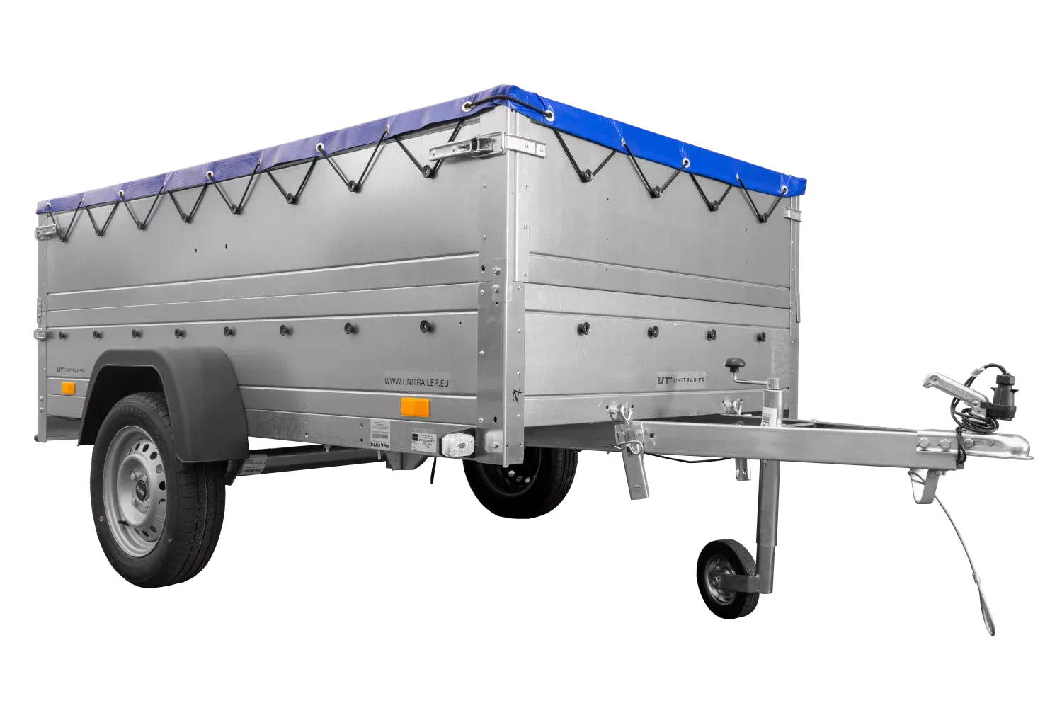 Anhänger mit faltbarer Deichsel Garden Trailer 230 KIPP mit zusätzlichen Bordwänden, Stützrad und blauer Flachplane-Neu – Image 5