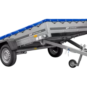Einachsanhänger 264×150 UNITRAILER GARDEN 265 KIPP mit einem Flachplanenträger und blauer Plane-Neu