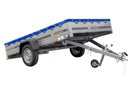 Einachsanhänger 264×150 UNITRAILER GARDEN 265 KIPP mit einem Flachplanenträger und blauer Plane-Neu
