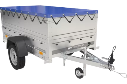 Gartenanhänger 200 Kipp mit Stützrad, zwei Seitenwänden, H-0-Rahmen und blauer Plane-Neu